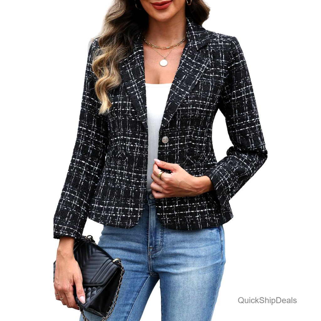 Slim Fit Tweed Blazer With Pockets, Business Casual Jacket, Polyester